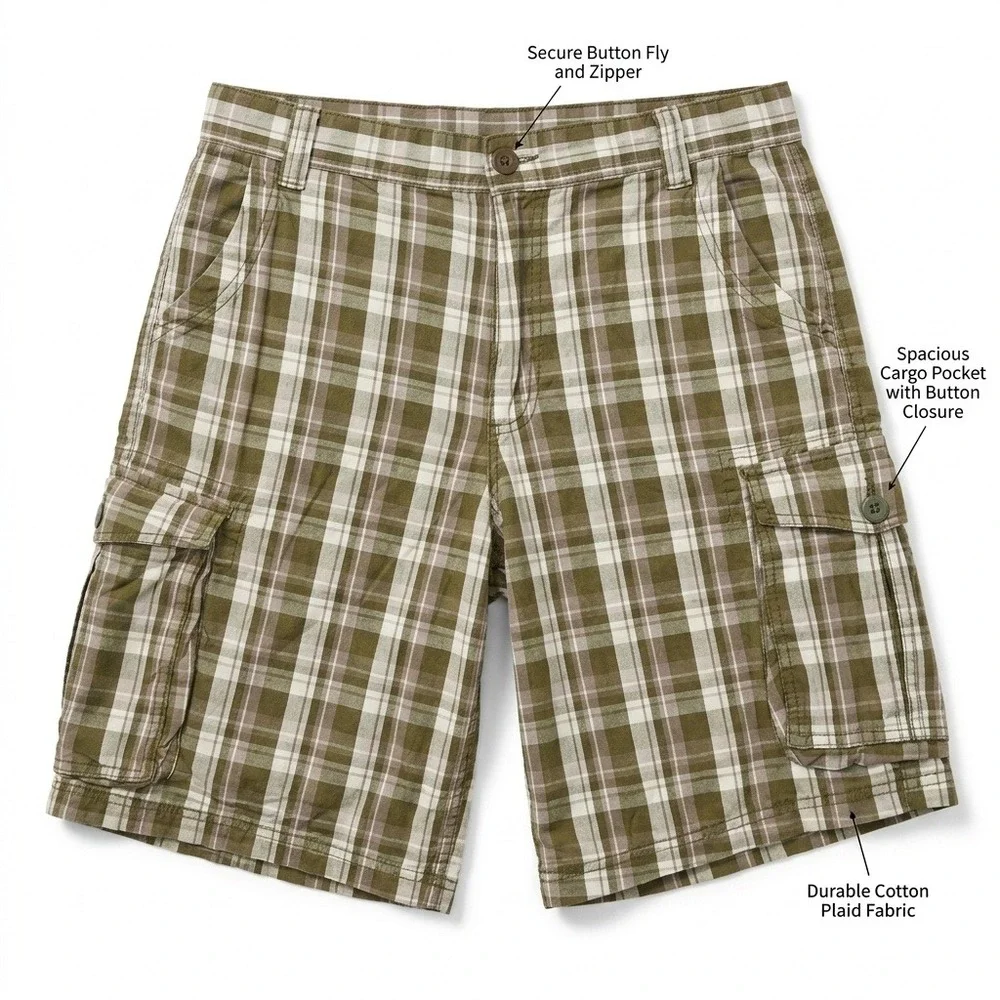 Arizona Jean Boy Plaid Cargo Shorts Size 20 Husky Green White Cotton Flap Pocket